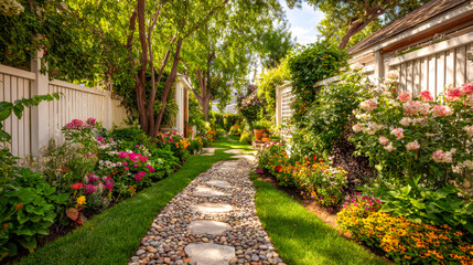 Charming backyard garden with colorful flower beds and a pebble pathway under a bright, sunny sky