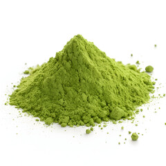 Wheatgrass powder heap isolated on white background, showcasing vibrant green color, fine texture,