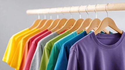 Obraz premium Cyber monday shopping, A vibrant display of colorful t-shirts hanging on wooden hangers against a neutral background, showcasing a variety of hues and styles.