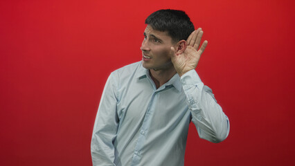 Man holds hand to ear listening against red backdrop in studio with inquisitive expression;...