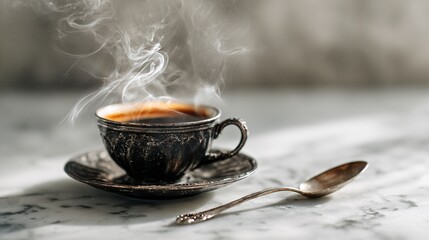 A black teacup with cinnamon steam curling above, next to a vintage silver spoon on white marble surface, fogged background