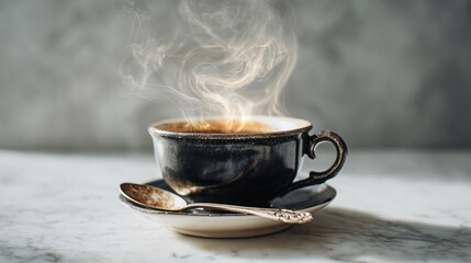 A black teacup with cinnamon steam curling above, next to a vintage silver spoon on white marble surface, fogged background