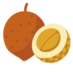A ripe sapodilla fruit, sliced open to show the brown, grainy flesh and seeds inside.