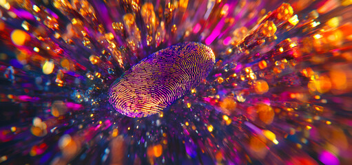 Stunning vibrant fingerprint art, glowing with abstract digital colors, perfect for identity security concepts