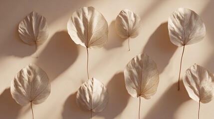 Bone-dry leaves in symmetrical arrangement, floating shadows on pale beige background, spooky minimal aesthetic