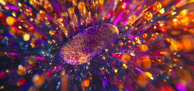 Stunning vibrant fingerprint art, glowing with abstract digital colors, perfect for identity security concepts