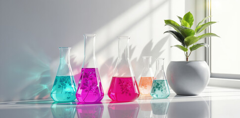 Colorful laboratory glassware plant sunlight serene