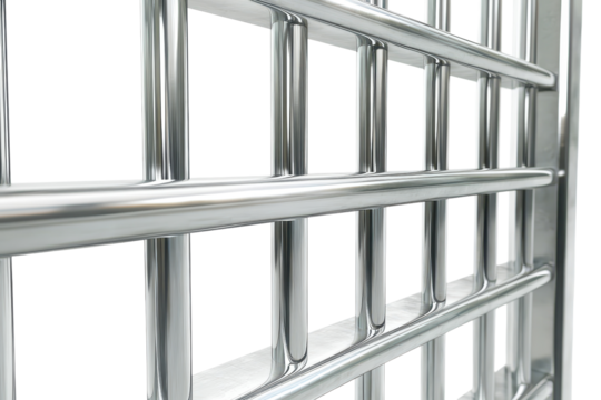 Prison bars isolated on a white background showcasing their metallic structure and design in a minimalist setting for artistic interpretation and analysis