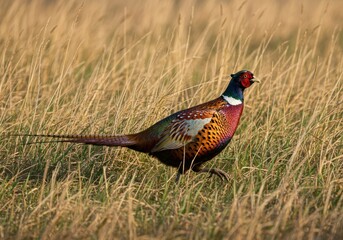 A Realistic Pheasant Walking Through Tall Dry Grass in a Field, Close-up Wildlife Shot
