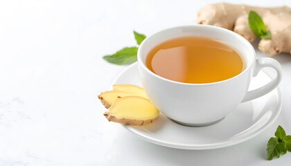 Hot herbal tea in a white ceramic cup with ginger slice and fresh mint leaves on a clean white background for healthy beverage and relaxation