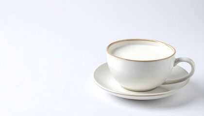 Fototapeta premium White ceramic coffee cup with gold rim on matching saucer against a plain white background for a minimalist and elegant beverage presentation