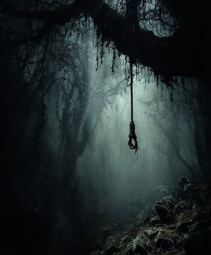  A noose hangs ominously from a tree branch in a shadowy, misty cave. The eerie scene evokes tension, mystery, and foreboding.