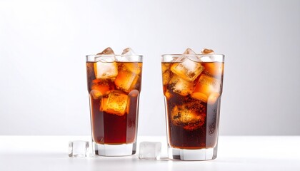 Two tall glasses filled with dark cola soda and ice cubes on a plain white background with an isolated and minimalistic composition for refreshing cold drink concept