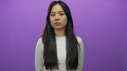 Fototapeta premium Woman waving over isolated purple background wall showing a young chinese woman making a friendly gesture with her hand.