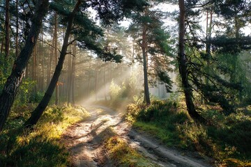 Fototapeta premium Scenic forest path illuminated by golden morning sunlight streaming through tall trees. Peaceful natural landscape with sun rays creating magical and atmospheric woodland scenery.
