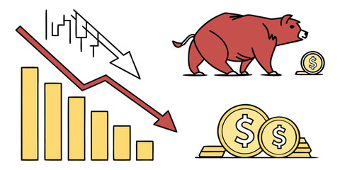 Bear market financial chart with falling arrow and bull with dollar coin vector illustration