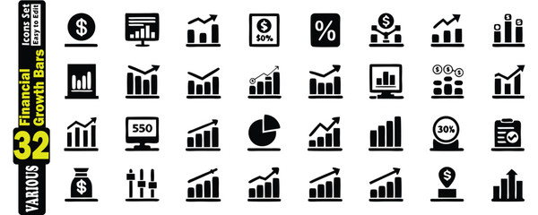 Black and white financial growth bar icons with charts and money symbols financial icons growth bars