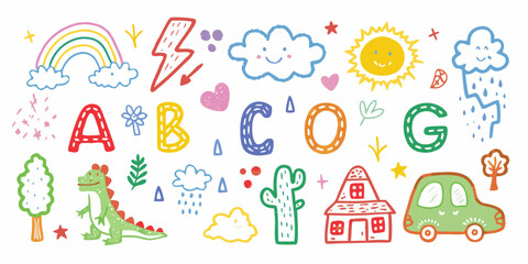 Hand drawn colorful illustrations of alphabet letters rainbow sun clouds dinosaur house car and trees
