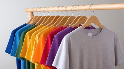 Cyber monday shopping, A rack displaying a variety of colorful t-shirts, neatly hung on wooden hangers, showcasing vibrant colors and casual style.