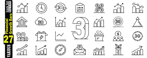 Collection of financial growth bar icons with charts clocks and money symbols financial icons