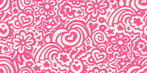 Whimsical pink and cream abstract doodle pattern with hearts flowers and swirls
