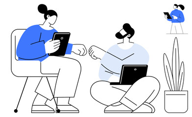 Two coworkers interacting and sharing fist bumps while using tablets and a laptop, seated near a plant. Ideal for teamwork, collaboration, connection, remote work, technology, modern communication