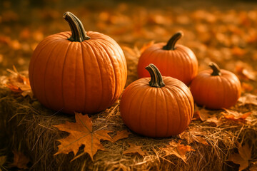 Orange pumpkins on hay bale with autumn maple leaves, fall harvest