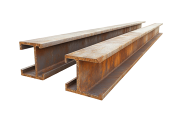 Steel beams with H shape profile isolated on a white background showcasing rust and industrial design elements perfect for construction materials