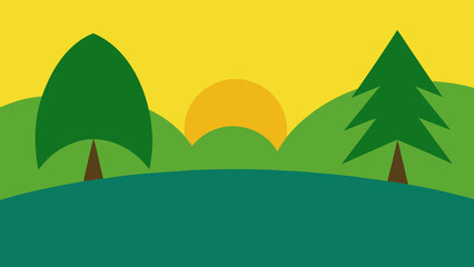 Obraz premium Stylized Landscape with Trees and Setting Sun in Flat Design Style nature forest