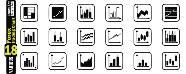 Eighteen Black and White Forex Trading Chart Icons in Rounded Square Frames vector illustration