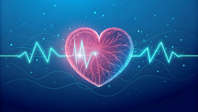 Abstract digital heart with glowing heartbeat line on blue background representing cardiovascular health and medical technology concept