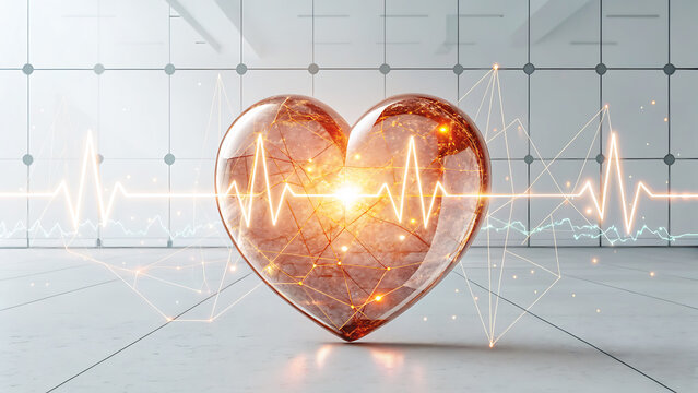 Digital Heartbeat Visualizing Cardiovascular Health with Transparent Heart and Glowing Electrical Signals for Medical Technology Concepts