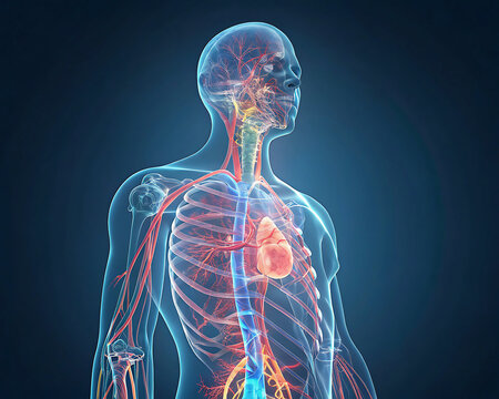 Human circulatory system anatomy detailed illustration showing blood vessels veins and arteries within the human body for medical reference and education