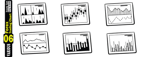 Six Hand- Drawn Style Forex Trading Chart Illustrations with Black Outlines on White hand-drawn