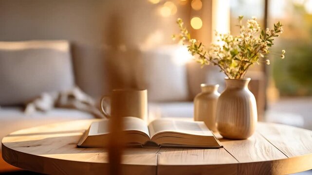 Cozy living room scene with book and coffee