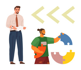 Two individuals working together, holding and assembling colorful puzzle pieces. Arrows symbolizing progress or direction above. Ideal for teamwork, strategy, leadership, creativity, problem-solving