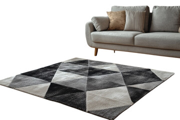 Stylish living room featuring a geometric rug and a modern sofa in a cozy indoor space