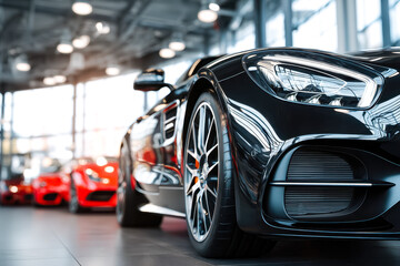 Elegant black sports car displayed in a modern showroom with other high-performance vehicles in the background