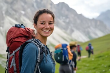 Smiling woman hiking with backpack in mountains