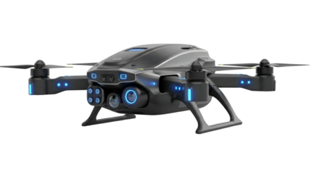 modern AI drone with glowing sensors and cameras, isolated on a pure white background.