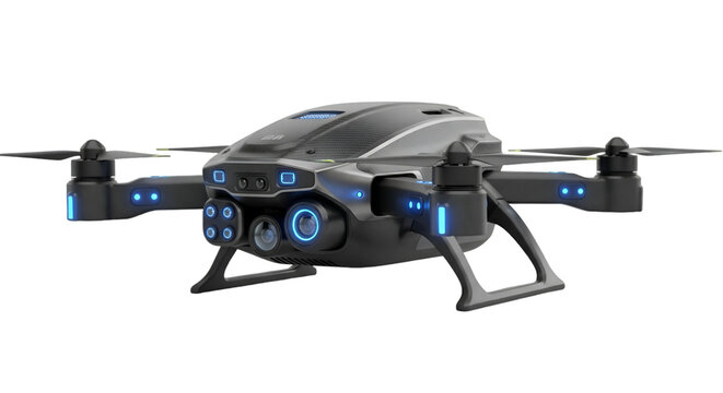 modern AI drone with glowing sensors and cameras, isolated on a pure white background. - Powered by Adobe