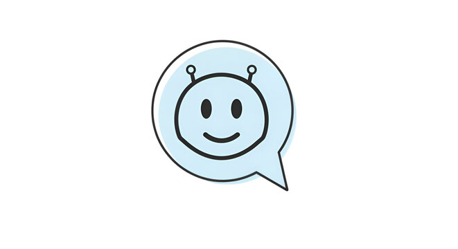 chatbot icon with a smiling digital face inside a speech bubble, isolated on white background.