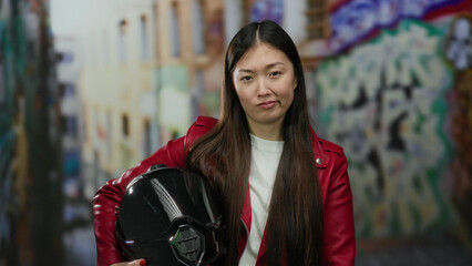 Woman in red jacket holding helmet on urban street with graffiti background, showcasing confident...