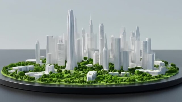 Modern cityscape architecture and urban design featuring clean white buildings and green spaces model