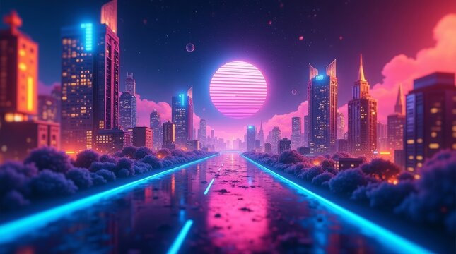 Neon Cityscape Retro Sunset Pink Blue Road night - Powered by Adobe