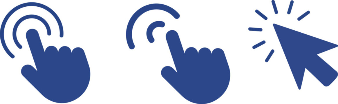 A crisp vector set of three minimalist interface icons, illustrating essential digital user interaction through click and tap actions