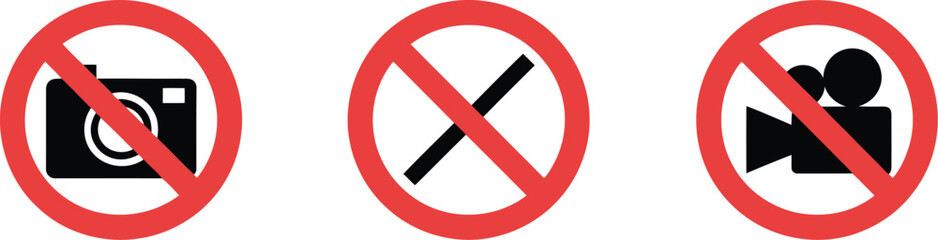 Obraz premium A vector set of three prohibition signs camera, video, and recording. Illustrative icons prohibiting photography, filming, or any video recording, vector