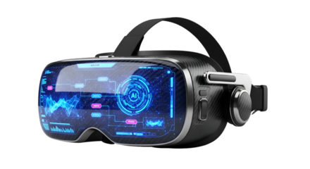 A sleek VR headset glowing with digital AI interface graphics, futuristic style, isolated on white background.