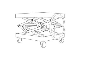 Scissor Lift Table Technical Drawing Wireframe - Isometric Vector Outline Illustration for Industrial Engineering Design, Mechanical Structure, and Manufacturing Process Blueprint