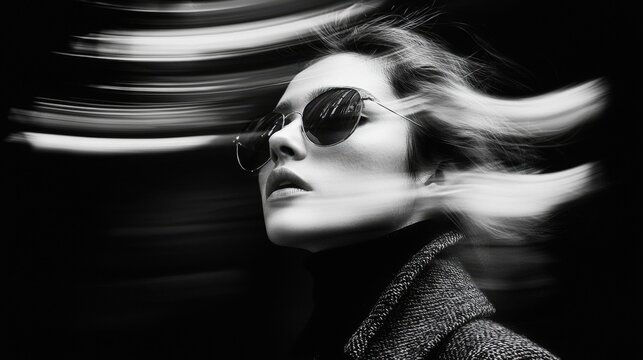 Dynamic black-and-white portrait of a woman wearing sunglasses with motion blur effects